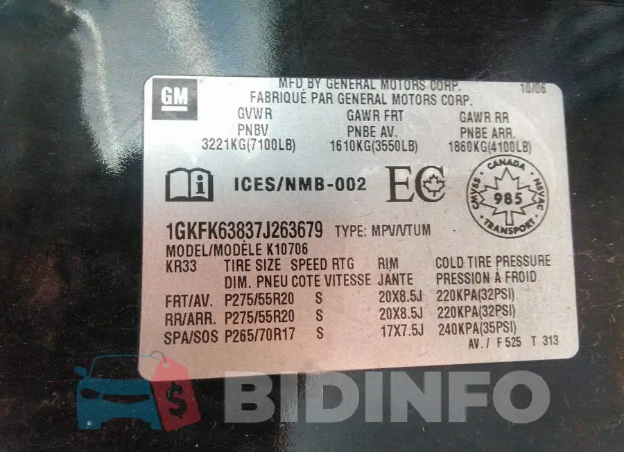 1GKFK63837J263679 Photo# 9
