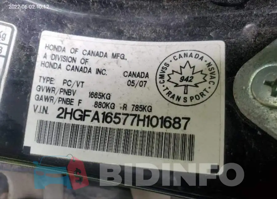 2HGFA16577H101687 Photo# 9