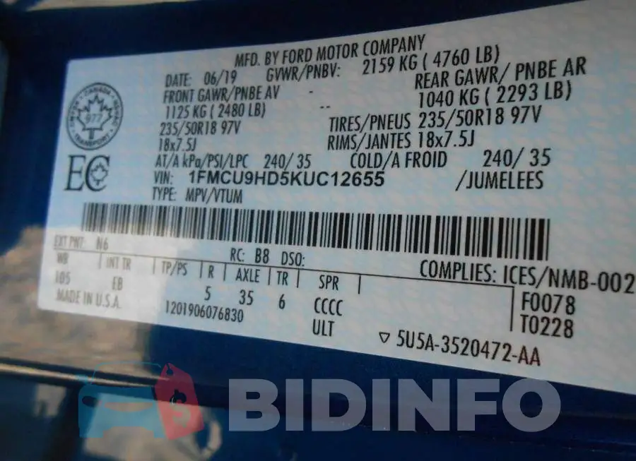 1FMCU9HD5KUC12655 Photo# 9