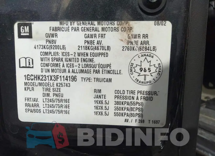 1GCHK231X3F114196 Photo# 9