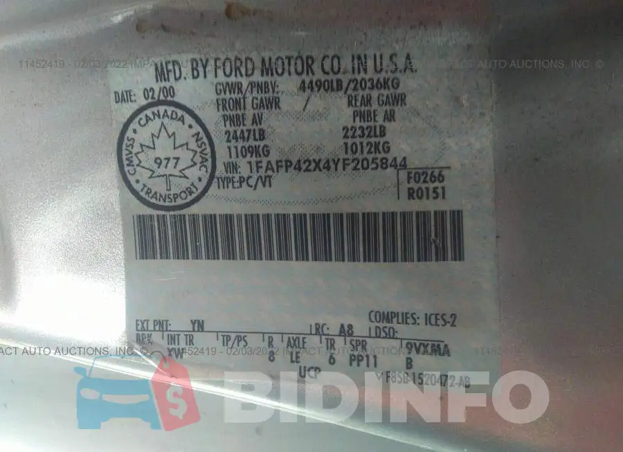 1FAFP42X4YF205844 Photo# 9