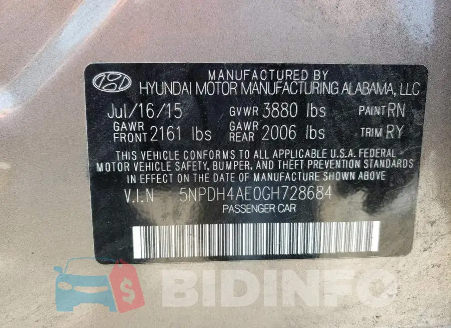 5NPDH4AE0GH728684 Photo# 10