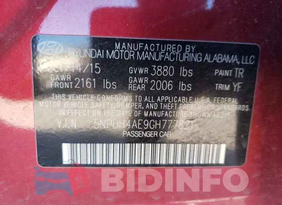5NPDH4AE9GH777821 Photo# 10