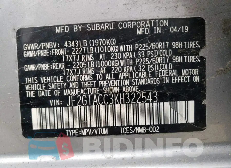 JF2GTACC3KH322543 Photo# 10