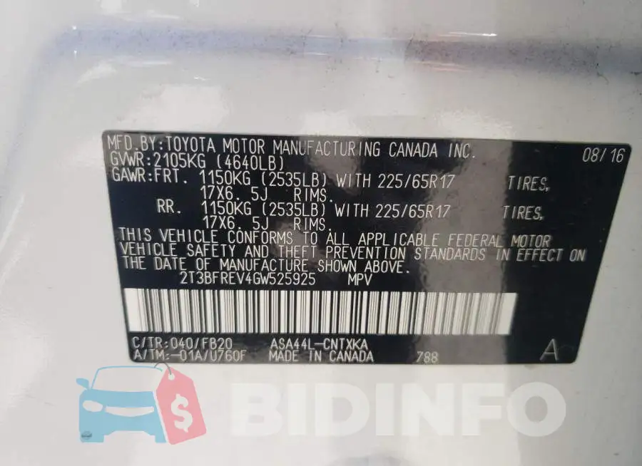 2T3BFREV4GW525925 Photo# 10