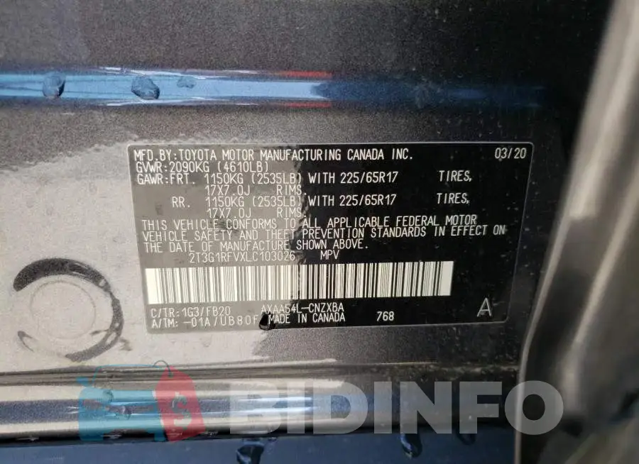 2T3G1RFVXLC103026 Photo# 10