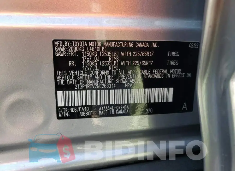 2T3P1RFV2NC268314 Photo# 10