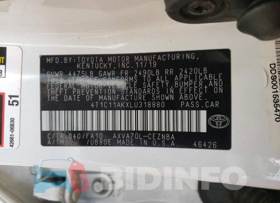 4T1C11AKXLU318880 Photo# 10