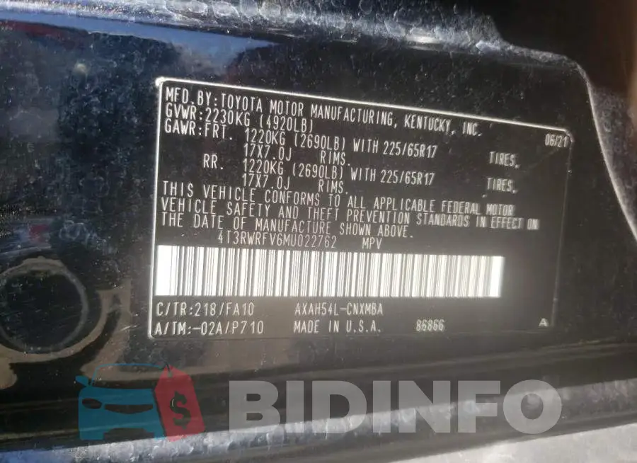 4T3RWRFV6MU022762 Photo# 10