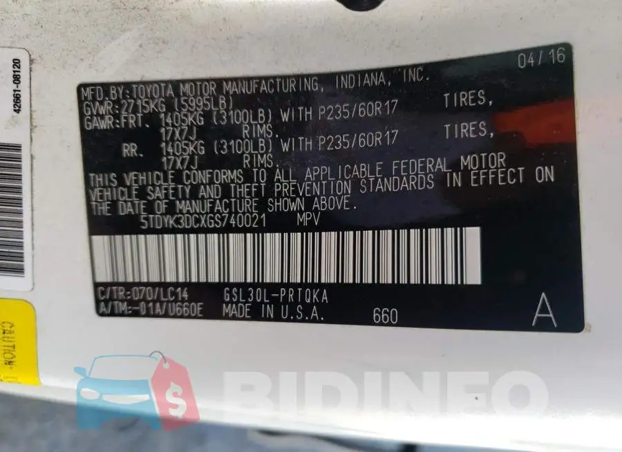 5TDYK3DCXGS740021 Photo# 10