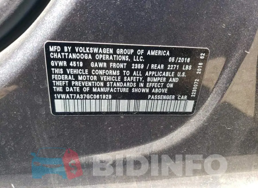 1VWAT7A37GC061929 Photo# 10