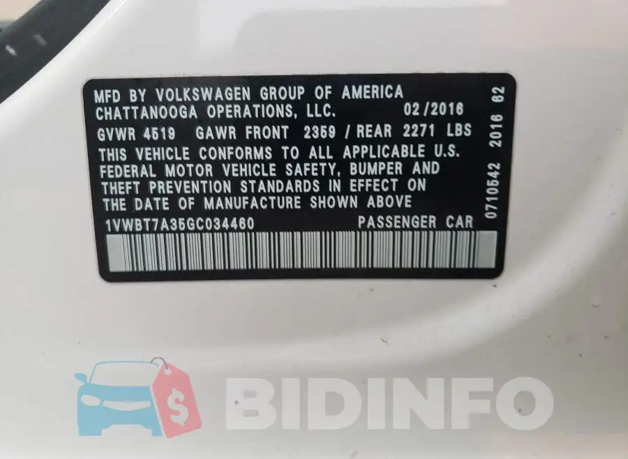 1VWBT7A35GC034460 Photo# 10