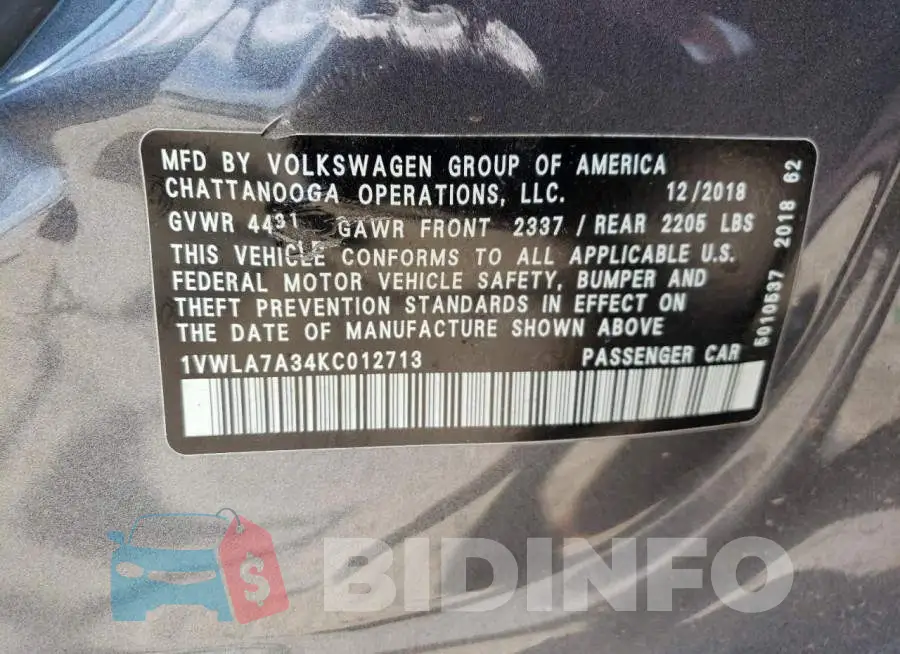1VWLA7A34KC012713 Photo# 10