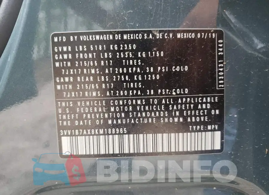 3VV1B7AX8KM188965 Photo# 10