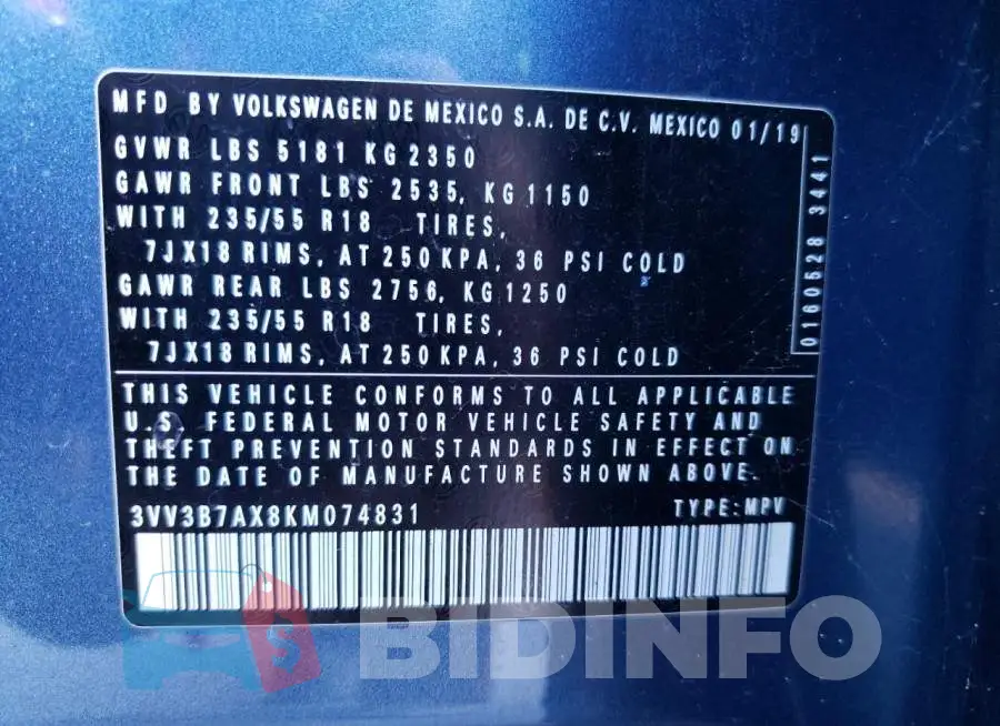 3VV3B7AX8KM074831 Photo# 10