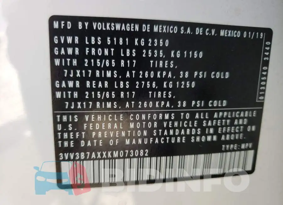 3VV3B7AXXKM073082 Photo# 10