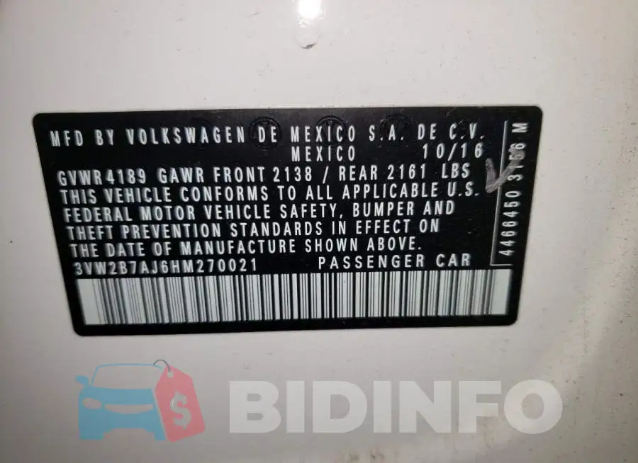 3VW2B7AJ6HM270021 Photo# 10