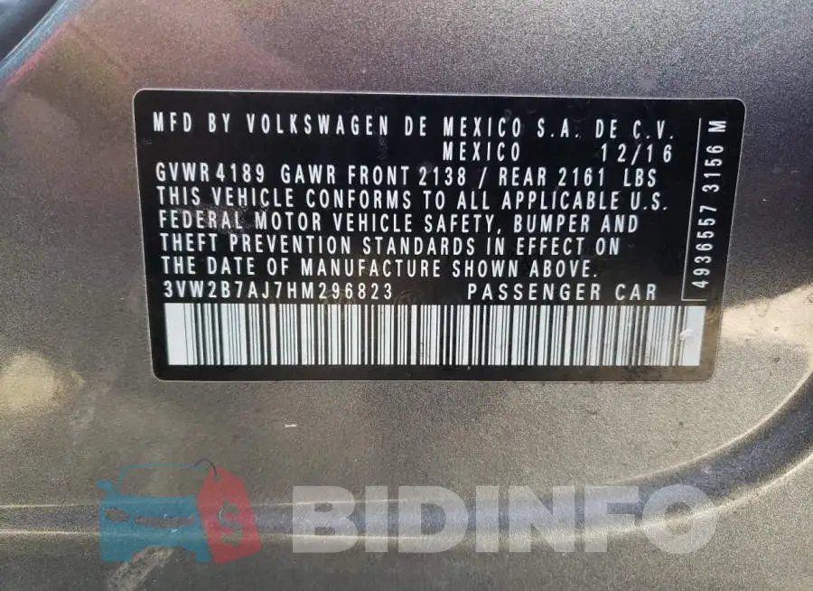 3VW2B7AJ7HM296823 Photo# 10