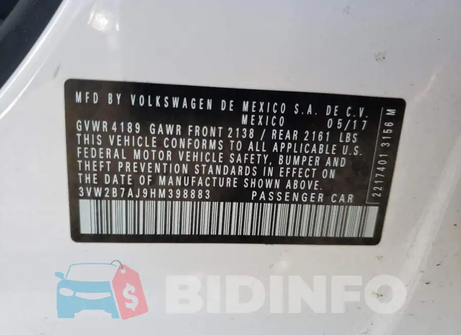 3VW2B7AJ9HM398883 Photo# 10