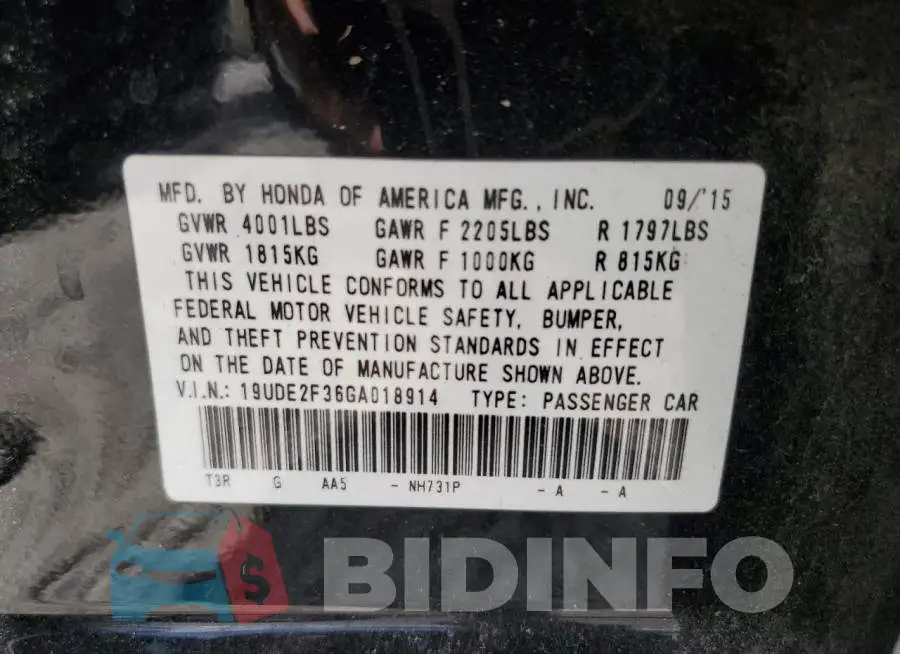 19UDE2F36GA018914 Photo# 10