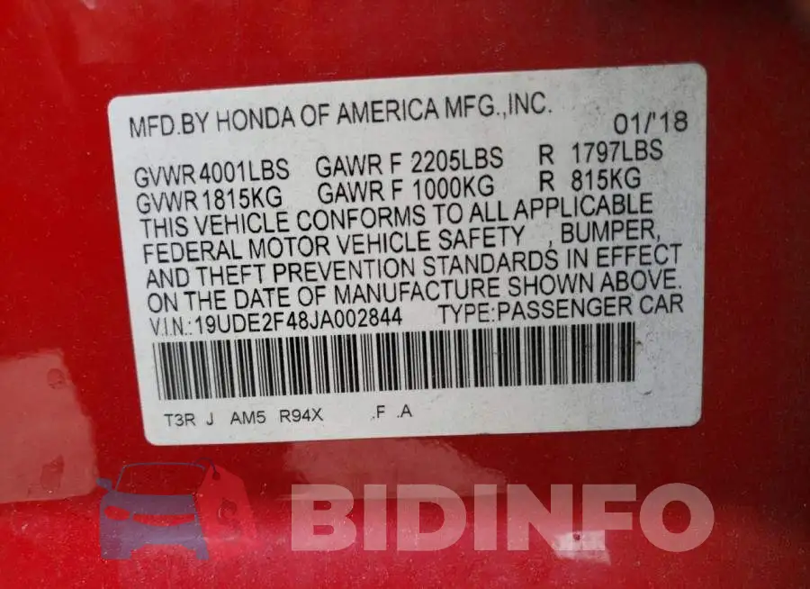 19UDE2F48JA002844 Photo# 10