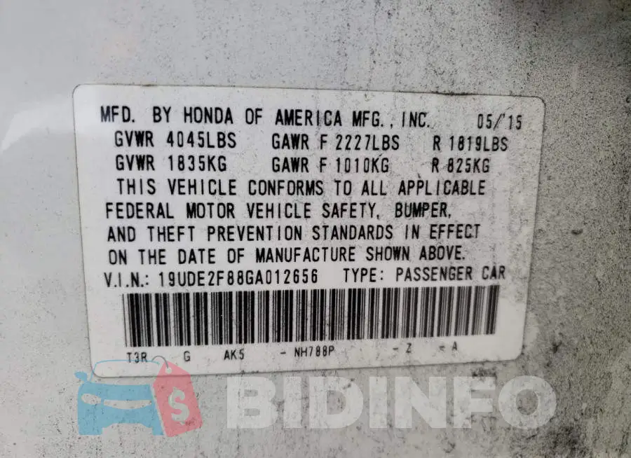 19UDE2F88GA012656 Photo# 10
