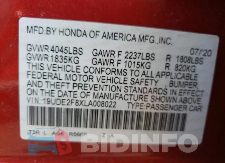 19UDE2F8XLA008022 Photo# 10