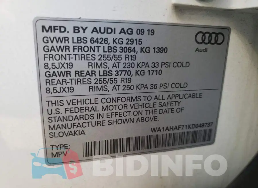 WA1AHAF71KD049737 Photo# 10