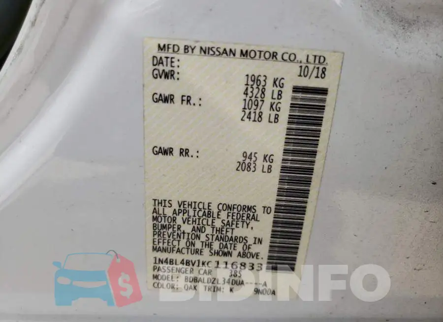 1N4BL4BV1KC116833 Photo# 10