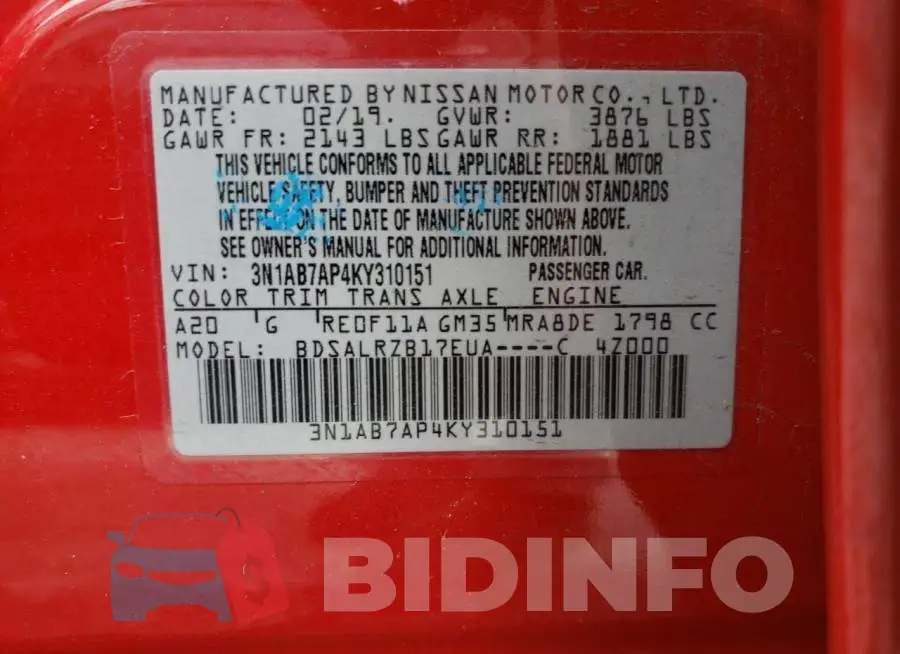 3N1AB7AP4KY310151 Photo# 10