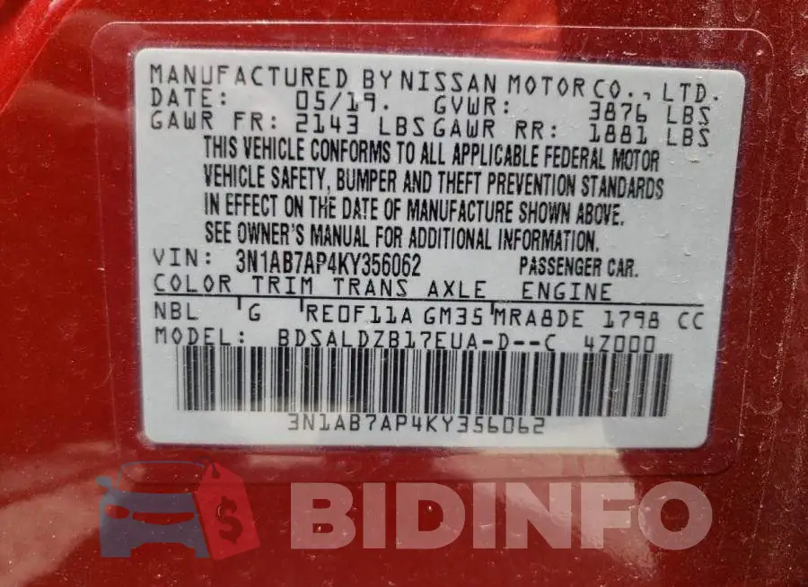 3N1AB7AP4KY356062 Photo# 10