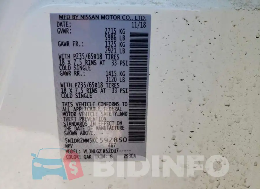 5N1DR2MM5KC592850 Photo# 10