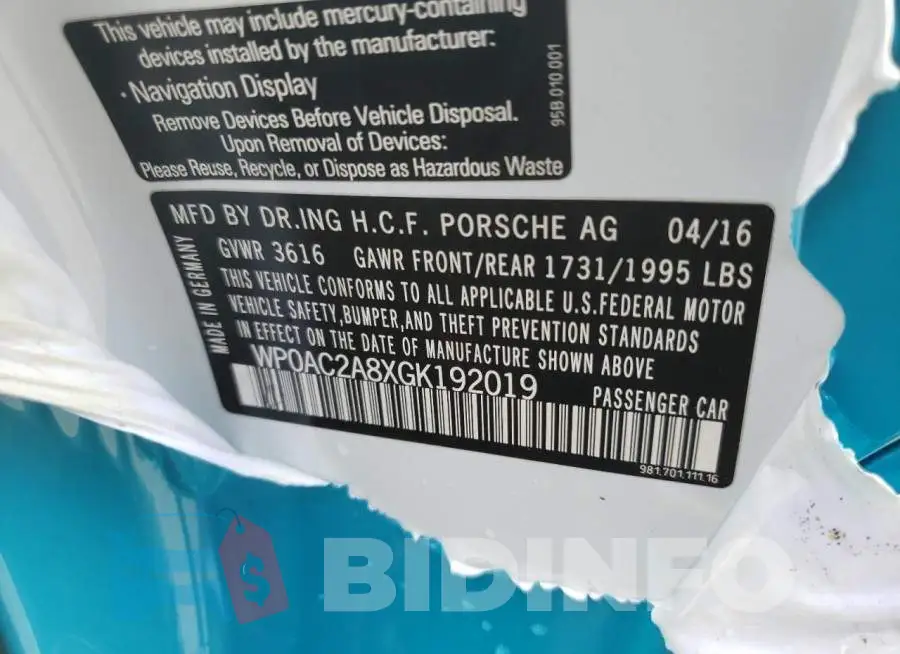 WP0AC2A8XGK192019 Photo# 10