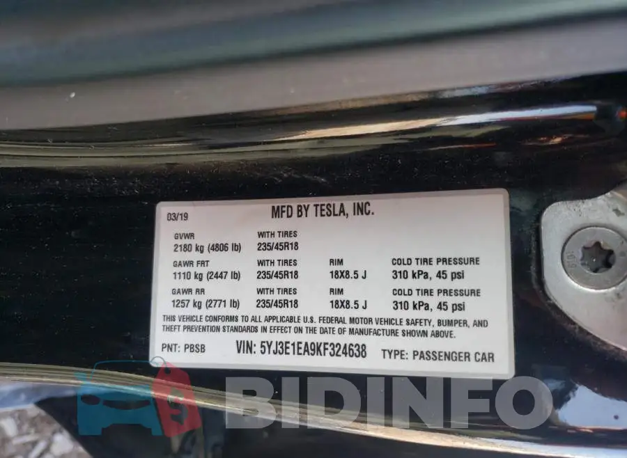 5YJ3E1EA9KF324638 Photo# 10