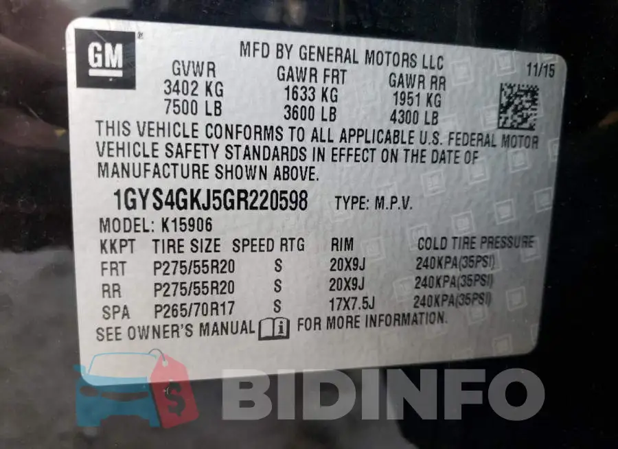 1GYS4GKJ5GR220598 Photo# 10
