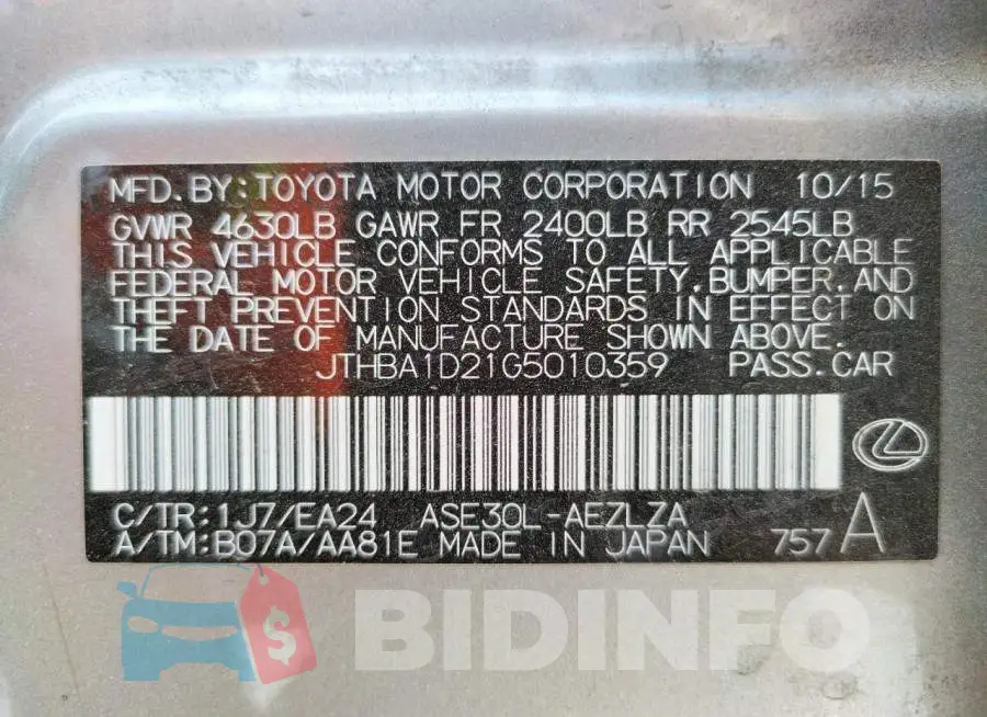 JTHBA1D21G5010359 Photo# 10