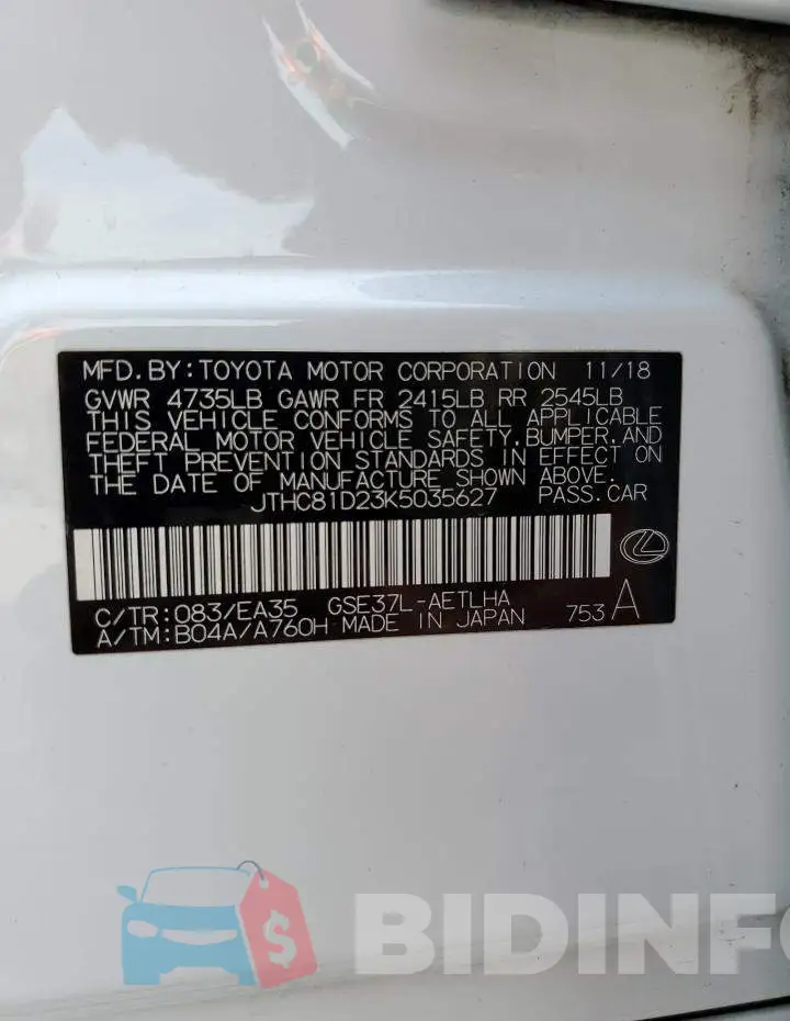 JTHC81D23K5035627 Photo# 10