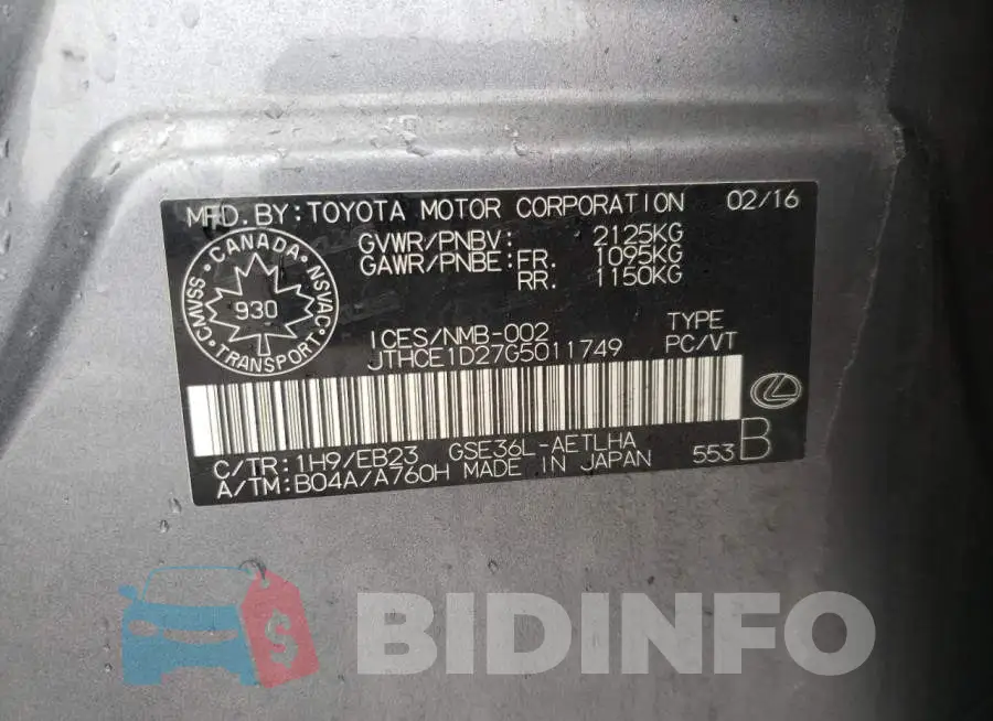 JTHCE1D27G5011749 Photo# 10