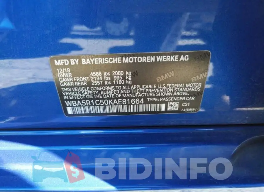 WBA5R1C50KAE81664 Photo# 10