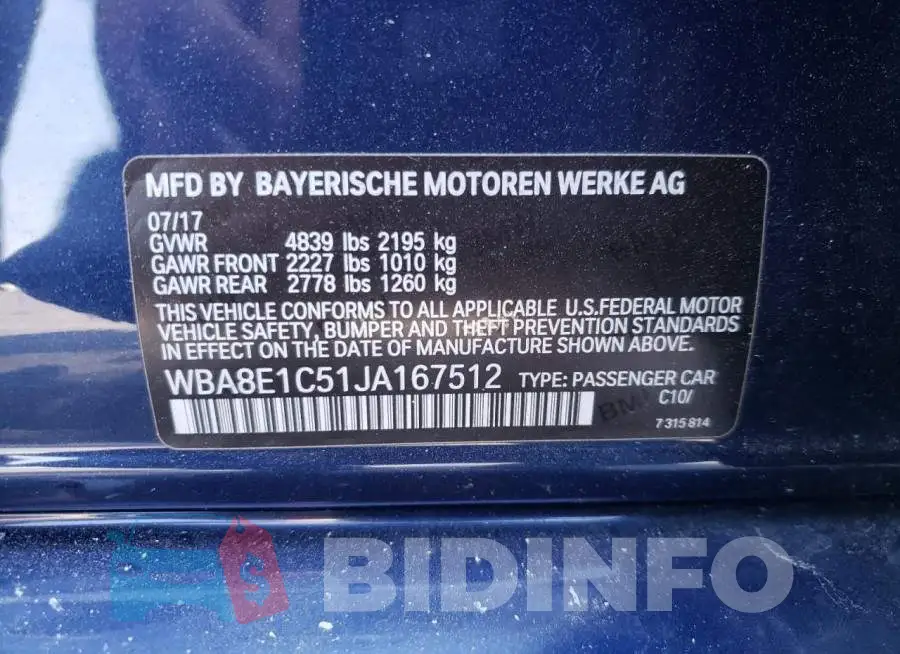 WBA8E1C51JA167512 Photo# 10