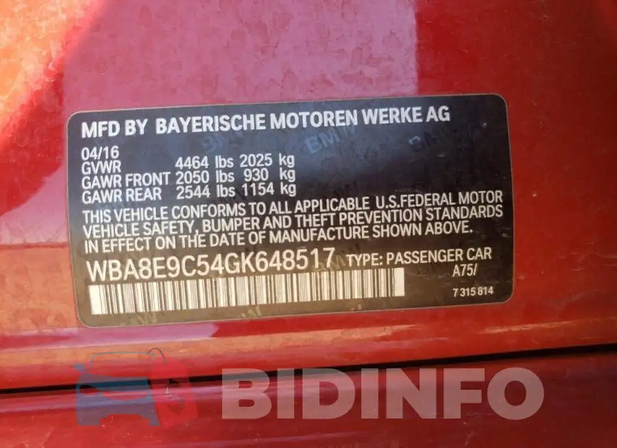 WBA8E9C54GK648517 Photo# 10