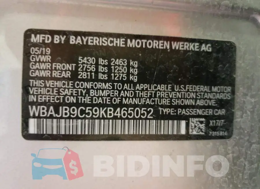 WBAJB9C59KB465052 Photo# 10