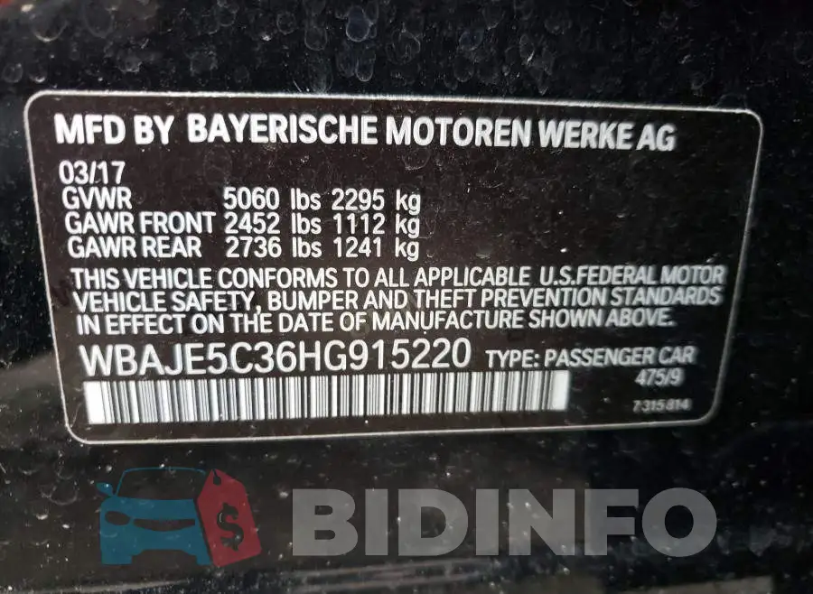 WBAJE5C36HG915220 Photo# 10