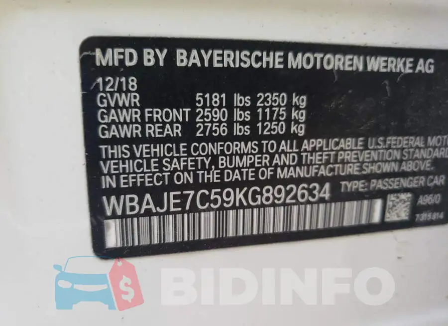 WBAJE7C59KG892634 Photo# 10