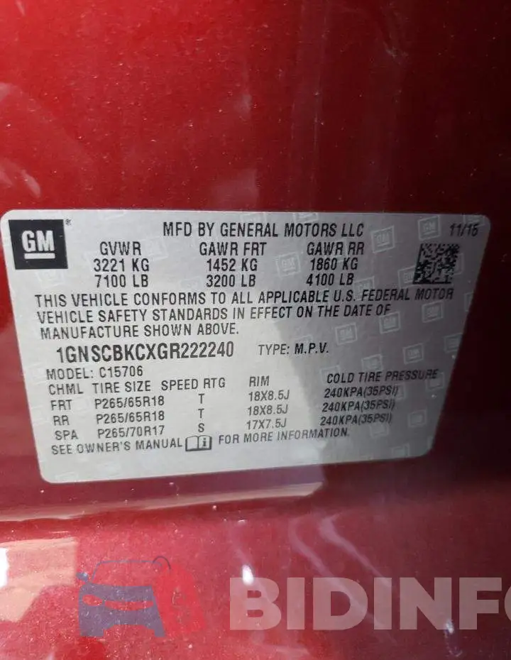1GNSCBKCXGR222240 Photo# 10