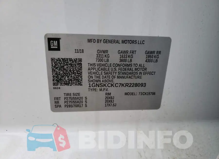 1GNSKCKC7KR228093 Photo# 10