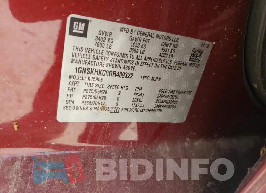 1GNSKHKC8GR409322 Photo# 10