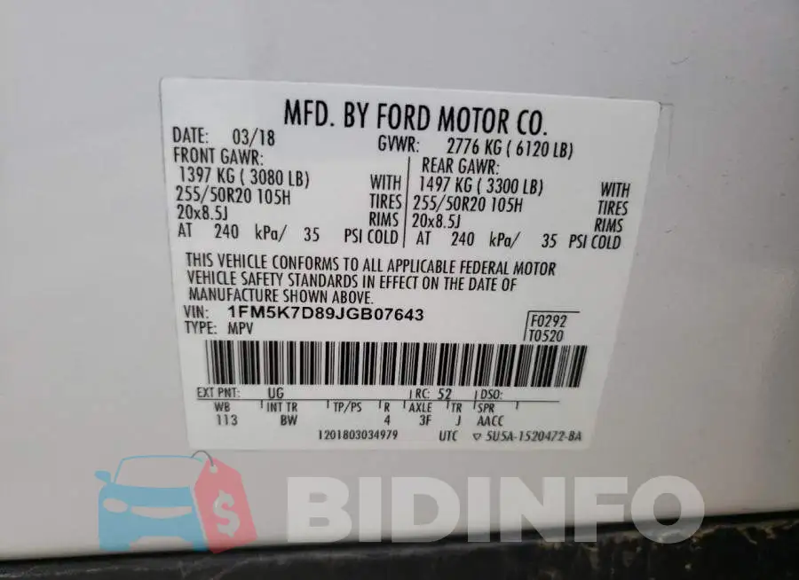 1FM5K7D89JGB07643 Photo# 10