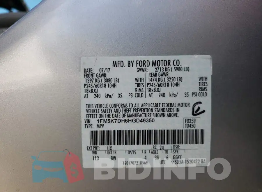 1FM5K7DH6HGD49350 Photo# 10