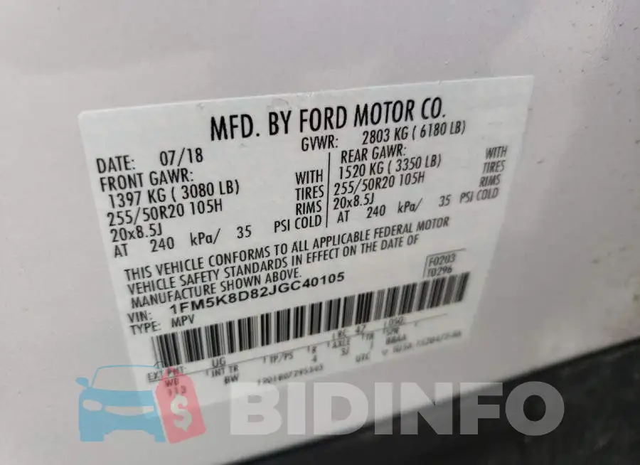 1FM5K8D82JGC40105 Photo# 10